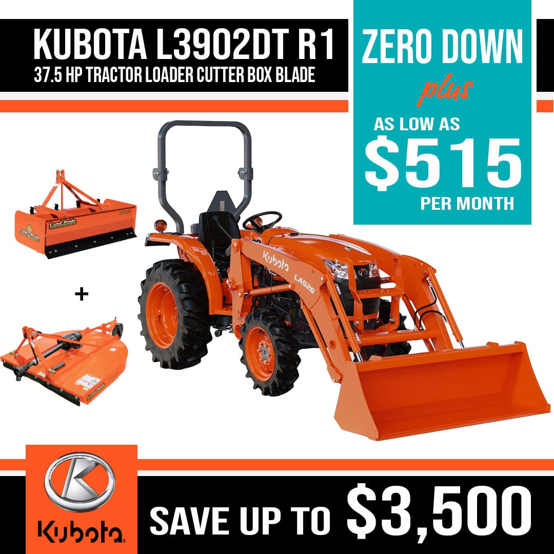 Kubota L3902DT with loader, mower and box blade