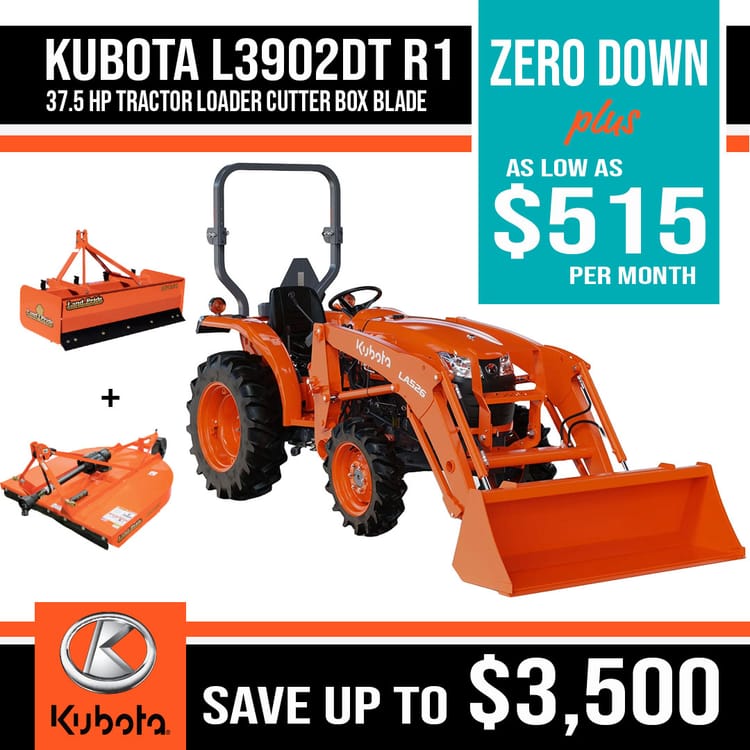 Kubota L3902DT with loader, mower and box blade