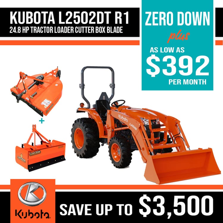 Kubota L2502DT with loader, mower and box blade.